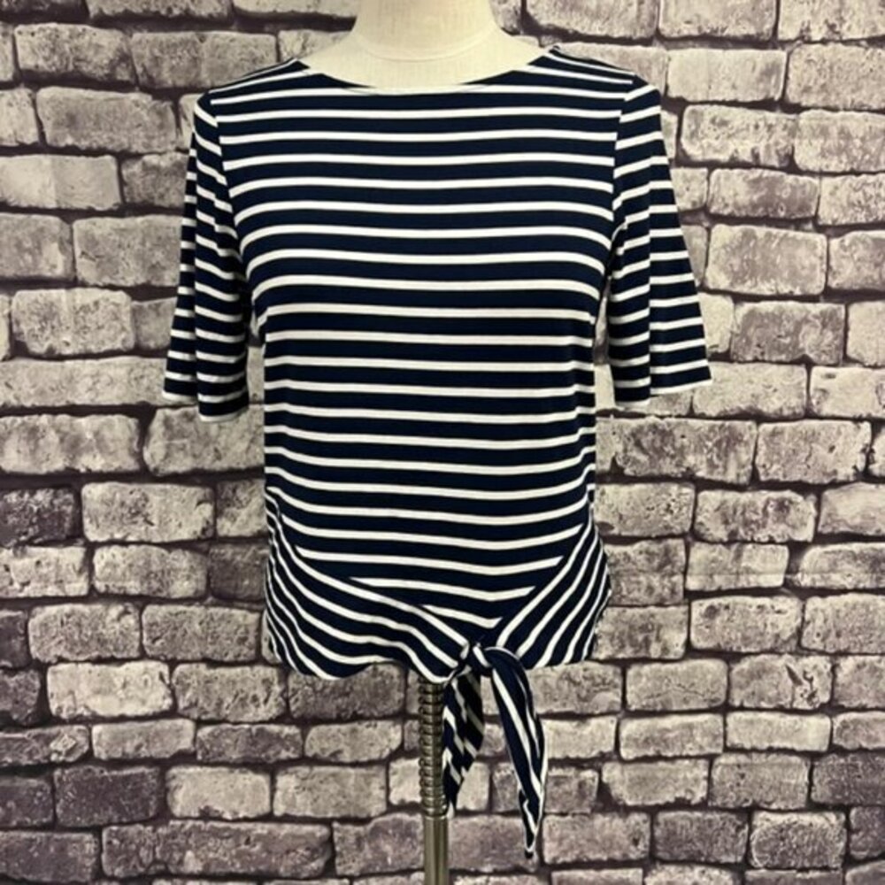 Chico's Blue & White Striped Short Sleeve Blouse Size Small